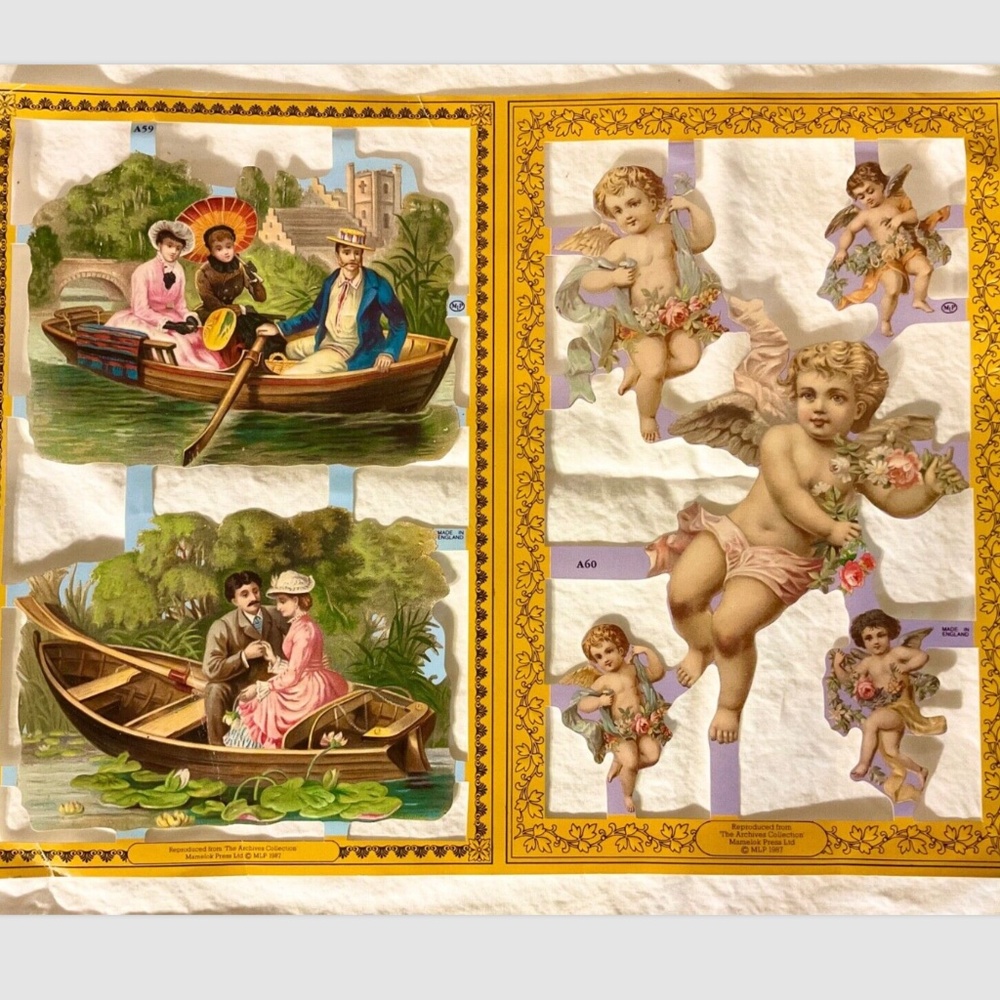 1987 Reproduction Of Antique Scrap Scrapbook Paper Angels Cherubs Canoe Couple